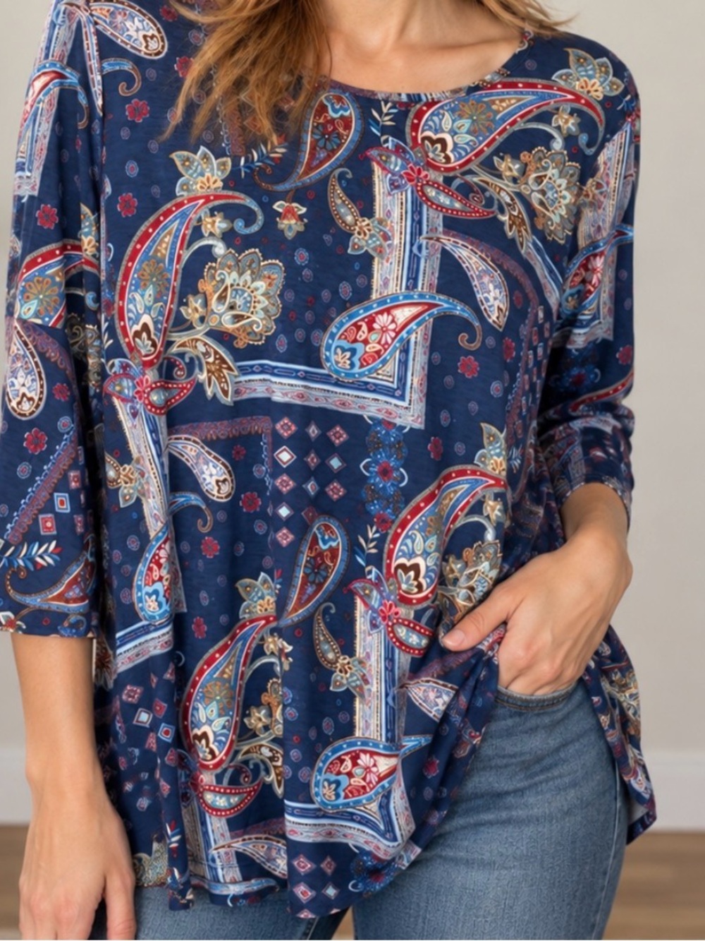Aeropostale Navy Paisley Tunic Top with Red & Cream Accents